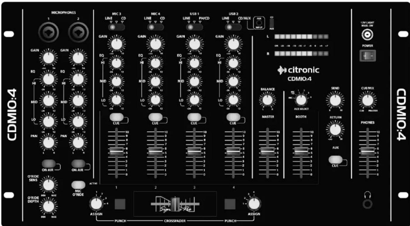 MICROPHONES 1 2 GAIN GAIN GAIN GAIN EQ EQ EQ EQ HI HI HI HI MID MID MID MID LO LO LO LO PAN PAN PAN ON AIR ON AIR O'RIDE SENS O'RIDE MAX MIC O'RIDE MIN MAX CMIO:4 citronic CDMIO:4 1 2 3 4 BALANCE MASTER BOOTH SEND AUX CUE/MIX CUE/MASTER PHONES 12V LIGHT MAX. SW POWER d - CDMO:4 12V LIGHT MAX. SW POWER d -