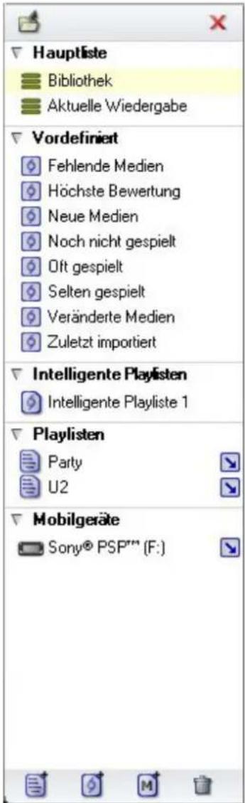 Hauptliste Bibliothek Aktuelle Wiedergabe Vordefiniert Fehlende Medien Höchste Bewertung Neue Medien Noch nicht gespielt Oft gespielt Selten gespielt Veränderte Medien Zuletzt importiert Intelligente Playlisten Intelligente Playliste 1 Playlisten Party U2 Mobilgeräte Sony® PSP"" (F:)