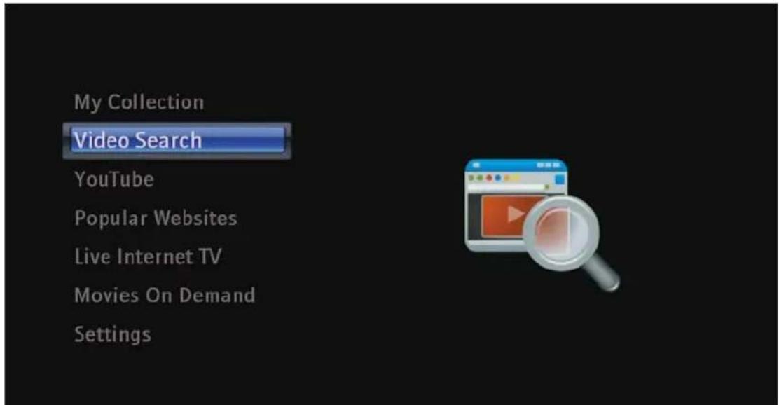 My Collection Video Search YouTube Popular Websites Live Internet TV Movies On Demand Settings
