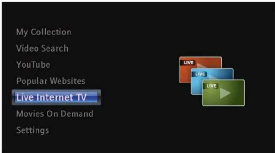 My Collection Video Search YouTube Popular Websites Live Internet TV Movies On Demand Settings