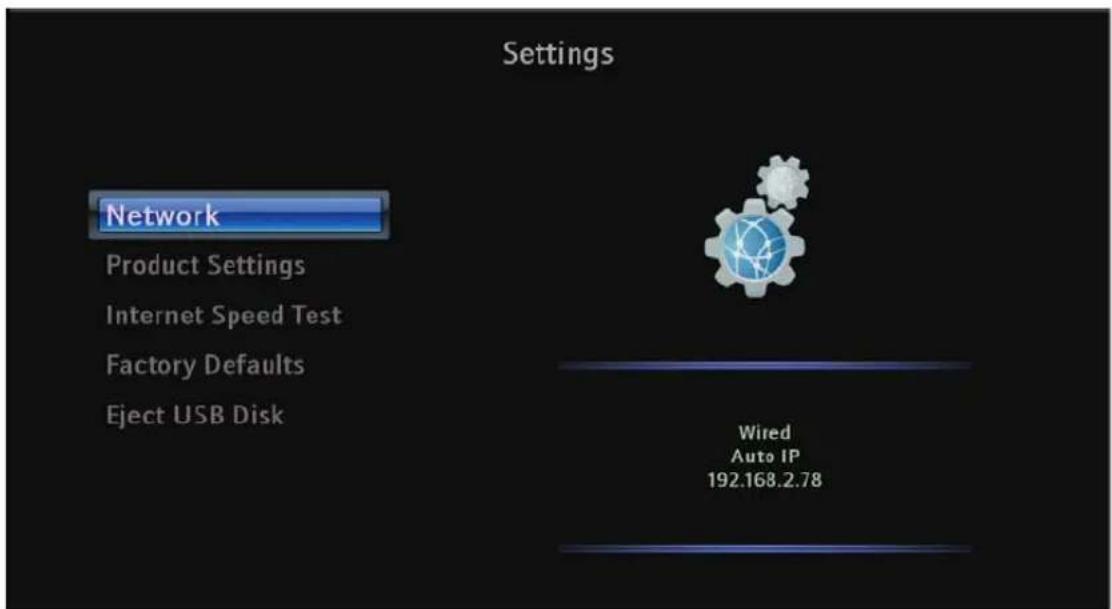 Settings Network Product Settings Internet Speed Test Factory Defaults Eject USB Disk Wired Auto IP 192.168.2.78