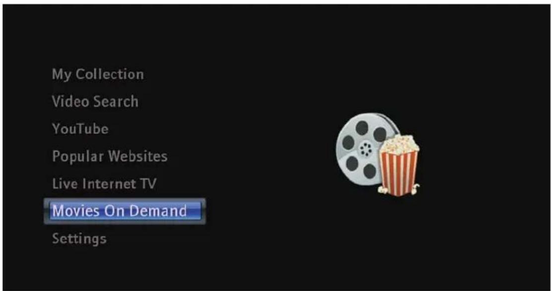 My Collection Video Search YouTube Popular Websites Live Internet TV Movies On Demand Settings