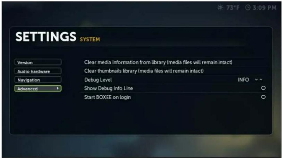 SETTINGS SYSTEM Version Audio hardware Navigation Advanced Clear media information from library (media files will remain intact) Clear thumbnails library (media files will remain intact) Debug Level INFO Show Debug Info Line Start BOXEE on login