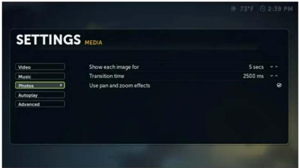 SETTINGS MEDIA Show each image for 5 secs Transition time 2500 ms Use pan and zoom effects