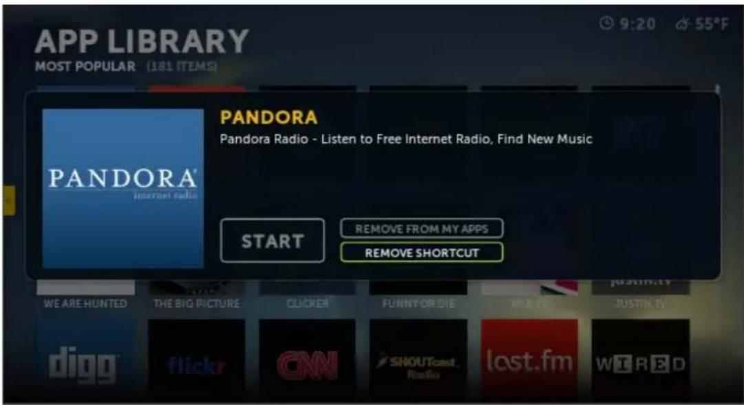 APP LIBRARY MOST POPULAR (181 ITEMS) 9:20 55°F PANDORA Pandora Radio - Listen to Free Internet Radio, Find New Music START REMOVE FROM MY APPS REMOVE SHORTCUT WE ARE HUNTED THE BIG PICTURE CLICKER FUNNY OR DIE MUL TV JUSTIN TV digg flickr CNN SHOUTcast. last.fm W#RED
