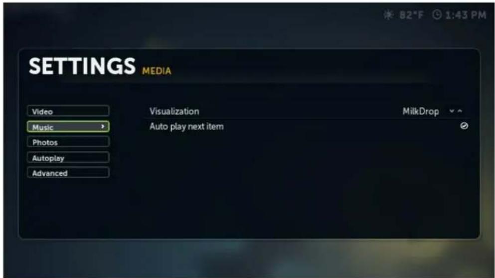 SETTINGS MEDIA Video Music Visualization MilkDrop Photos Auto play next item Autoplay Advanced