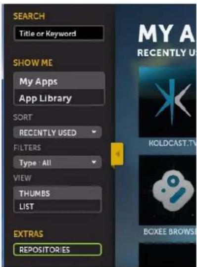 SEARCH Title or Keyword SHOW ME My Apps App Library SORT RECENTLY USED FILTERS Type : All VIEW THUMBS LIST EXTRAS REPOSITORIES MY A RECENTLY U KOLDCAST.TV BOXEE BROWS