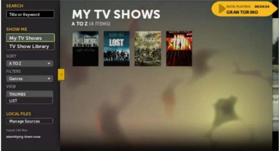 MY TV SHOWS A TO Z (4 ITEMS) SHOW ME My TV Shows TV Show Library SORT A TO Z FILTERS Genres VIEW THUMB5 LIST LOCAL FILES Manage Sources Found 143 files Identifying them now
