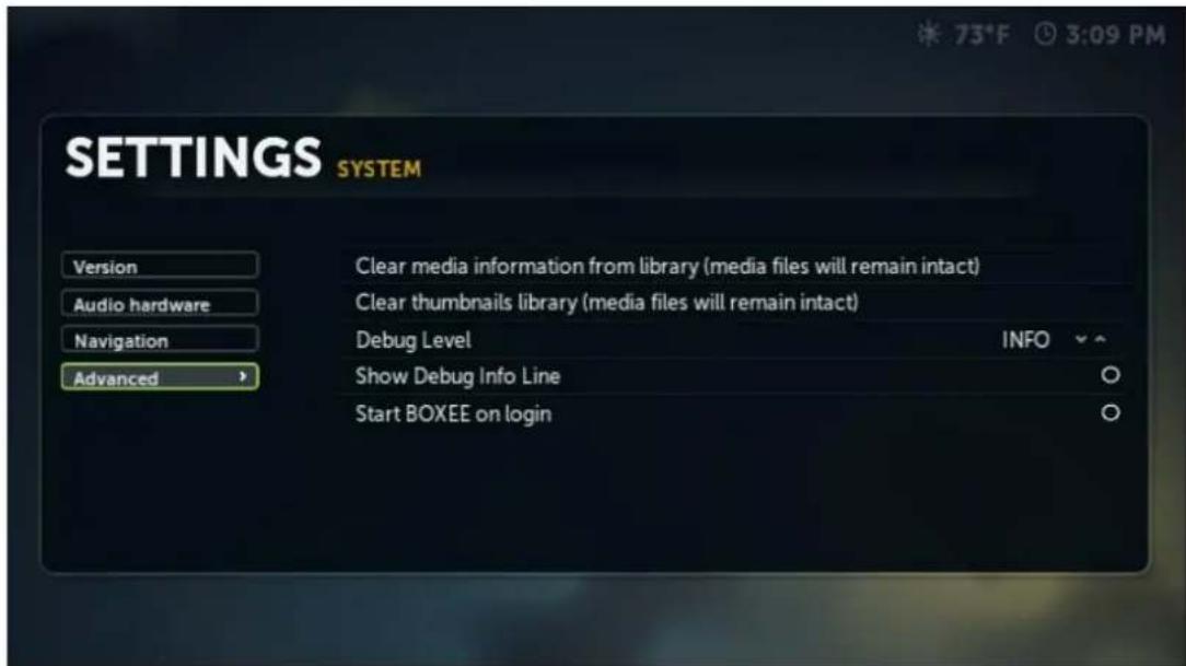 SETTINGS SYSTEM Version Audio hardware Navigation Advanced Clear media information from library (media files will remain intact) Clear thumbnails library (media files will remain intact) Debug Level INFO Show Debug Info Line Start BOXEE on login