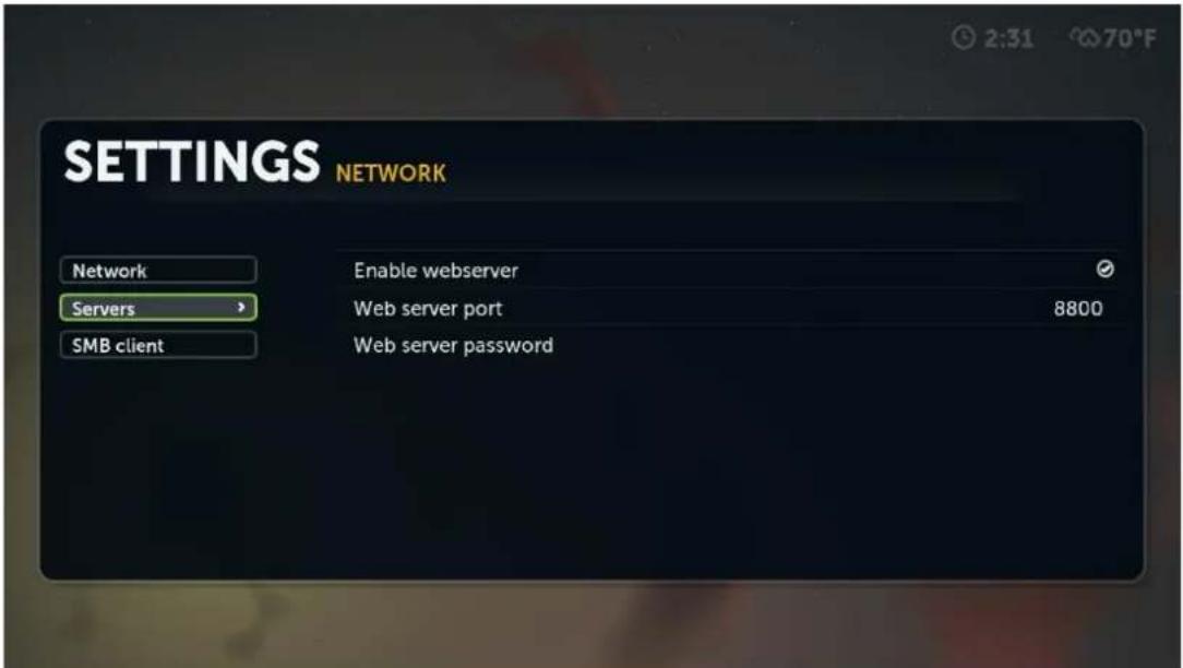 SETTINGS NETWORK Network Enable webserver Servers Web server port 8800 SMB client Web server password