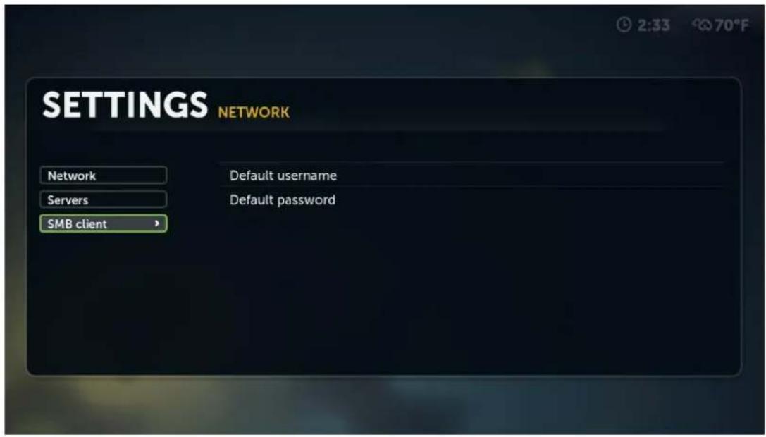 SETTINGS NETWORK Network Servers SMB client Default username Default password