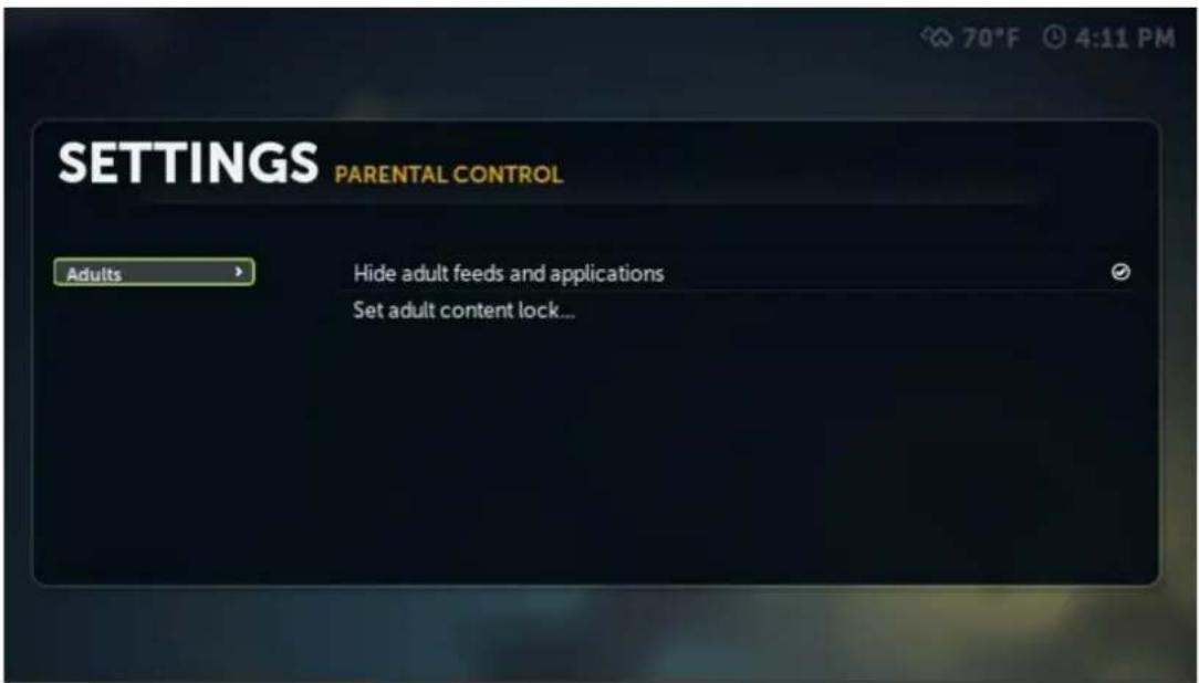 SETTINGS PARENTAL CONTROL Adults Hide adult feeds and applications Set adult content lock...