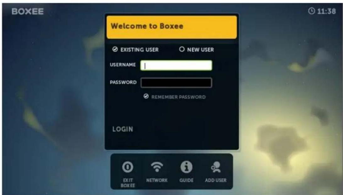 BOXEE Welcome to Boxee EXISTING USER NEW USER USERNAME PASSWORD REMEMBER PASSWORD LOGIN EXIT BOX EE NETWORK GUIDE ADD USER