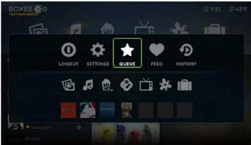 BOXEE TESTINGMY BOXEE 7:31 45°F LOGOUT SETTINGS QUEUE FEED HISTORY