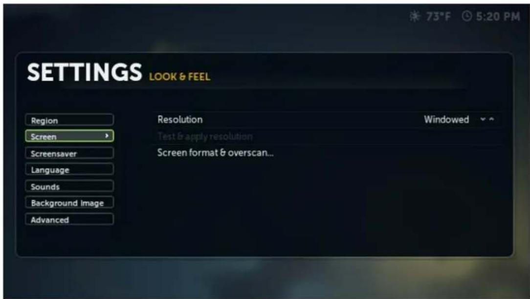 SETTINGS LOOK & FEEL Region Screen Screensaver Language Sounds Background Image Advanced Resolution Windowed Test & apply resolution Screen format & overscan...