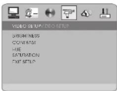 VIDEO SETUP/VIDEO SETUP BRIGHTNESS CONTRAST HUE SATURATION EXIT SETUP