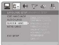 LANGUAGE SETUP/LANGUAGE SETUP CSD LANGUAGE AUDIO LANG SUPERF LANG MENU LANG EXIT SETUP ENGLISH Language CABBAN Language MUSCH Language FRYNECH Language HUMAN Language HUMAN Language OFFICE