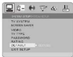 SYSTEM SETUP/SYSTEM SETUP TV SYSTEM SCREEN SAVER VIDEO TV TYPE PASSWORD RATING DEFAULT EXIT SETUP