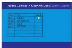 Parent Control -> Channel Lock\Main Control N - T V Lock D011 XXXX D012 XXXXXXX D013 XXXY D014 XXXXX ... ...