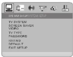 SYL BM SETUP/SYSTEM SETUP TV SYSTEM SCREEN SABVER VIDEO TV TYPE PASSWORD RATING DEFAULT EXIT SETUP