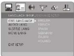 LANGUAGE SETUP CSD LANGUAGE AUDIO LANG SUBTITLE LANG MENU LANG EXIT SETUP ENGLISH FRENCH SPINCH GERMANY ITALIAN HOLAND