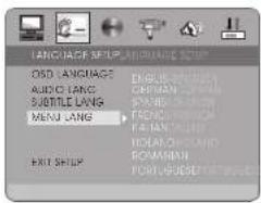 LANGUAGE Setup OSD LANGUAGE AUDIO LANDING SUBTITLE LANG MENU LANG EXIT SETUP ENGINEER PARAMETER AVOCATOR FROCCIÓN FIRENTATION MELONIC POUND ROMANION PORTUGUE