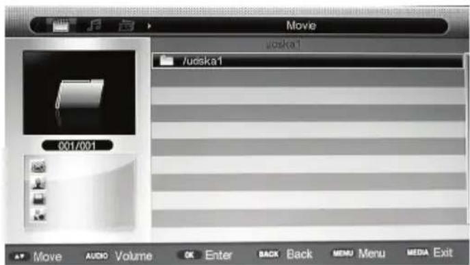 Movie udska1 /udska1 001/001 Move AUDIO Volume OK Enter BACK Back MENU Menu MEDIA Exit