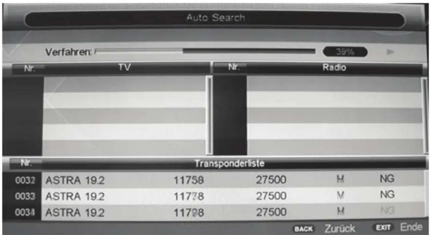 Auto Search Verfahren 39% Nr. TV Nr. Radio Nr. Transponderliste 0032 ASTRA 19.2 11758 27500 M NG 0033 ASTRA 19.2 11778 27500 M NG 0034 ASTRA 19.2 11798 27500 M NG BACK Zurück EXIT Ende
