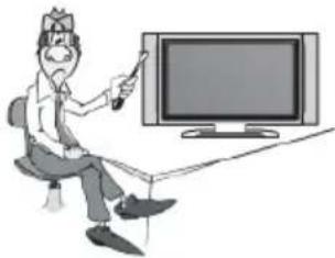 Cartoon illustration of a man sitting on a chair watching television (no text or symbols present)
