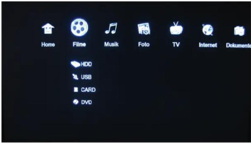 Home Filme Musik Foto TV Internet Dokumente HDD USB CARD DVD