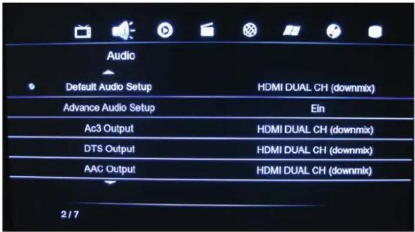 Audio Default Audio Setup HDMI DUAL CH (downmix) Advance Audio Setup Ein Ac3 Output HDMI DUAL CH (downmix) DTS Output HDMI DUAL CH (downmix) AAC Output HDMI DUAL CH (downmix) 2/7