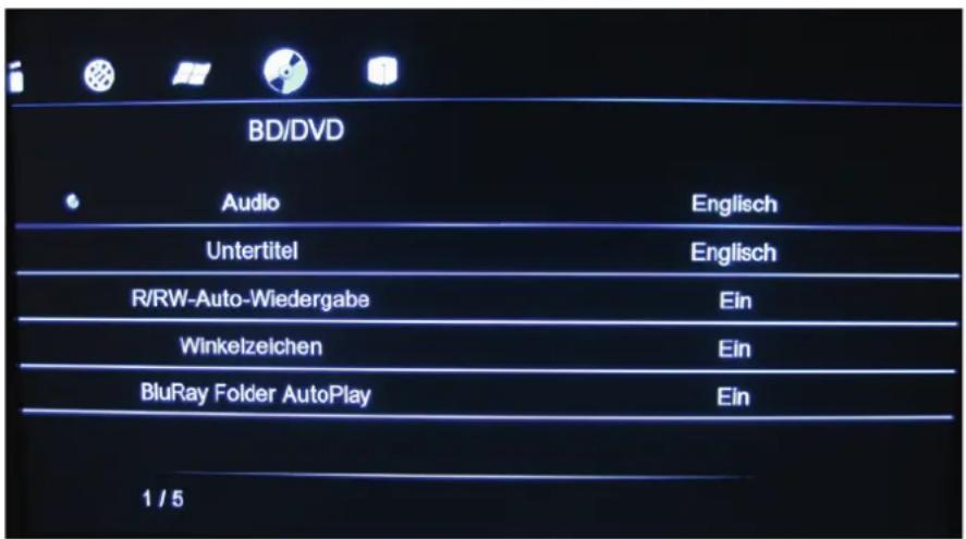 BD/DVD Audio Englisch Untertitel Englisch R/RW-Auto-Wiedergabe Ein Winkelzeichen Ein BluRay Folder AutoPlay Ein 1 / 5