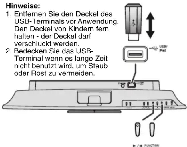 Hinweise: 1. Entfernen Sie den Deckel des USB-Terminals vor Anwendung. Den Deckel von Kindern fern halten - der Deckel darf verschluckt werden. 2. Bedecken Sie das USB- Terminal wenn es lange Zeit nicht benutzt wird, um Staub oder Rost zu vermeiden.