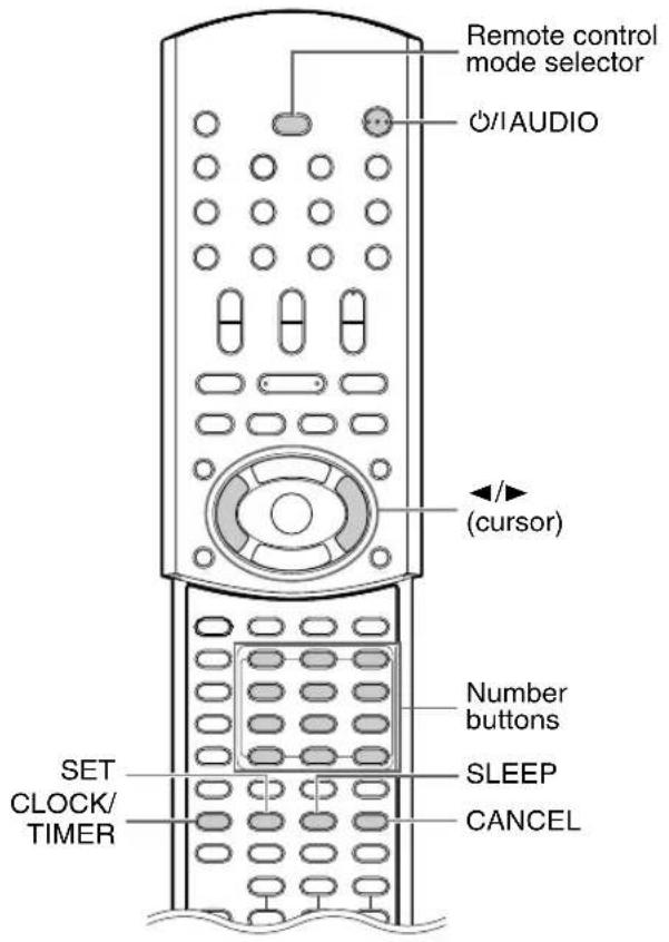 Remote control mode selector ©/IAUDIO Plus (cursor) Number buttons SET CLOCK/ TIMER SLEEP CANCEL