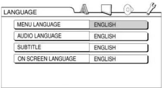 LANGUAGE MENU LANGUAGE ENGLISH AUDIO LANGUAGE ENGLISH SUBTITLE ENGLISH ON SCREEN LANGUAGE ENGLISH