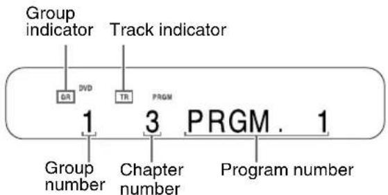Group indicator Track indicator GR DVD TR PRGM 1 3 PRGM . 1 Group number Chapter number Program number