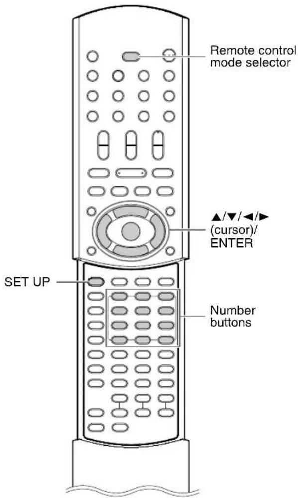 Remote control mode selector ▲/▼/◄► (cursor)/ ENTER SET UP Number buttons