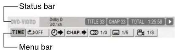 Status bar DVD-VIDEO Dolby D 3/2 1ch TITLE 33 CHAP 33 TOTAL 1:25:58 TIME OFF CHAP 1/3 1/5 1/3 Menu bar
