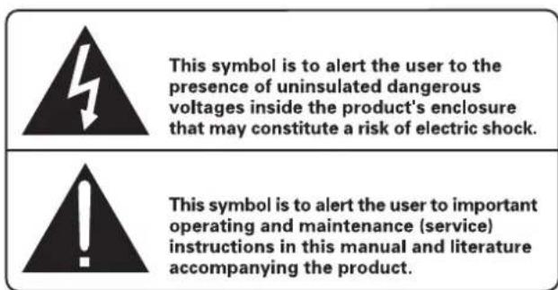 This symbol is to alert the user to the presence of uninsulated dangerous voltages inside the product's enclosure that may constitute a risk of electric shock. This symbol is to alert the user to important operating and maintenance (service) instructions in this manual and literature accompanying the product.