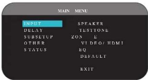 MAIN MENU INPUT SPEAKER DELAY TESTTONE SUBSETUP ZON L OTHER VI DFO/ HDMI STATUS EQ DEFAULT EXIT