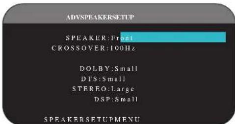 ADVSPEAKERSETUP SPEAKER: Front CROSSOVER: 100Hz DOLBY: Small DTS: Small STEREO: Large DSP: Small SPEAKERSETUPMENU