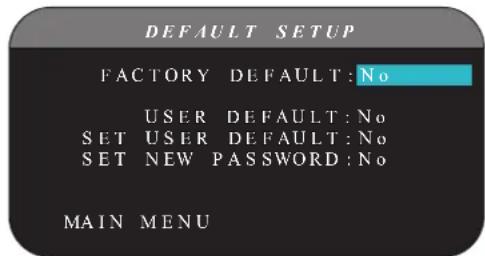 DEFAULT SETUP FACTORY DEFAULT: No USER DEFAULT: No SET USER DEFAULT: No SET NEW PASSWORD: No MAIN MENU