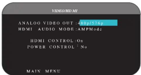 VIDEO/HDMI ANALOG VIDEO OUT :480p/5'6p HDMI AUDIO MODE:AMPMode HDMI CONTROL:On POWER CONTROL: No MAIN MENU