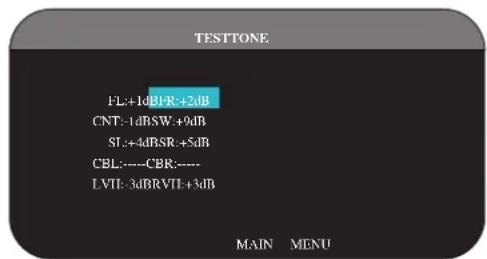 TESTONE FL:+1dB+R:+2dB CNT:-1dBSW:+9dB ST:+4dBSR:+5dB CBL:----CBR:---- LVIE: -3dB RVI:+3dB MAIN MENU