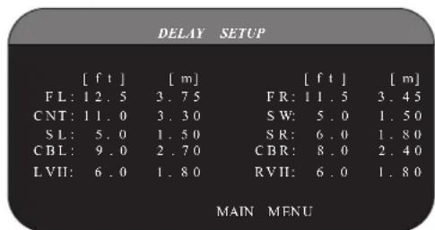 DELAY SETUP [ f t ] [ m] [ f t ] [ m] F L: 1 2 . 5 3 . 7 5 F R: 1 1 . 5 3 . 4 5 C N T: 1 1 . 0 3 . 3 0 S W: 5 . 0 1 . 5 0 S L: 5 . 0 1 . 5 0 S R: 6 . 0 1 . 8 0 C B L: 9 . 0 2 . 7 0 C B R: 8 . 0 2 . 4 0 L V I I: 6 . 0 1 . 8 0 R V I I: 6 . 0 1 . 8 0 MAIN MENU