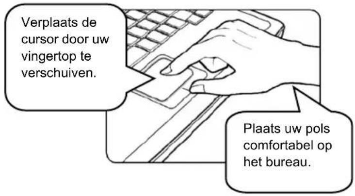 Verplaats de cursor door uw vingertop te verschuiven. Plaats uw pols comfortabel op het bureau.