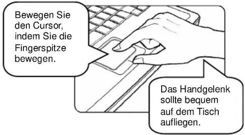 Bewegen Sie den Cursor, indem Sie die Fingerspitze bewegen. Das Handgelenk sollte bequem auf dem Tisch aufliegen.
