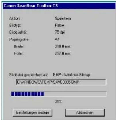 Canon ScanGear Toolbox CS Akbors: Speechem Bldtyp: Farbe Bldqualität: 75 dpi Propagnöte: A4 Brote: 210.0 mm Höhe: 297.0 mm Bldatei gespeicher als: BMP - Windows-BTmap C:\WINDOWS\TEMP\SAVE005.BMP 35% Einstellungen andem Abbrevien
