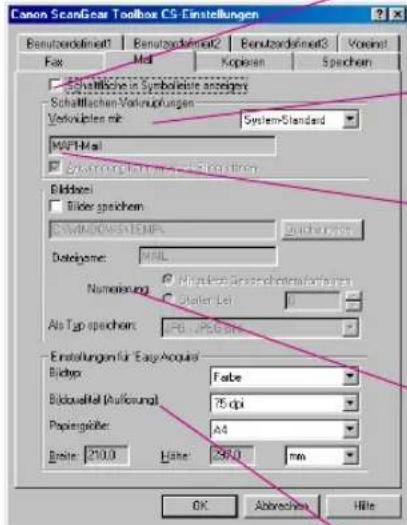 Canon ScanGear Toolbox CS-Einstellungen Benutzordafmert: Benutzordafmert2 Benutzordafmert3 Voraist Fax Mid Kopieren Spichen Schaffiborne in Symbolisie anzeges Schaftflächen-Vorknupungen System-Standard Verknübtes mk WAPF-Mal GARANTOLATENIE INTEGRAVATION Bildosei Bilder speichem SWIMIDOWSTEMP1 Dateiyeme: MAIL Nameinung: Nanlage Anzahlte Inserfahres Oster Lei Als Top speichem: A50 - A50-648 Einstellungen für EasyAcquired Bildtyp: Fable Bildovalität (Außerung): 75 dpi Papiergröfer: A4 Breite: 210.0 Håte: 26.0 mm OK Abbrevise Hite