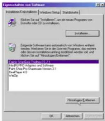 Eigenochulums von Software Installieren/Installieren Windows Setup StatusNote Klicken Sie auf "Installere", um ein neue Programm von Disikete oder CD to installieren. Installieren... Edgende Software Learn automatisch von Windows entient wenden. Makeer Sie in der Listen von Program, das erhiert oder diesen Installationsverländen modellen werden soll und Makein Sie auf "HindelPro Adapters and Hindel Pro Adapters and Software" Part Shop Pro Shareware Version 31 RealPlayer 4.0 WinZip HindelPro Adapters... OK Abgaben Options